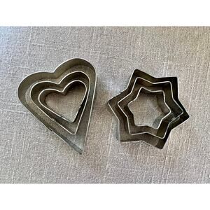 Set of 6 Vintage Aluminum Cookie Cutters- 3 Heart and 3 Hexagram Star